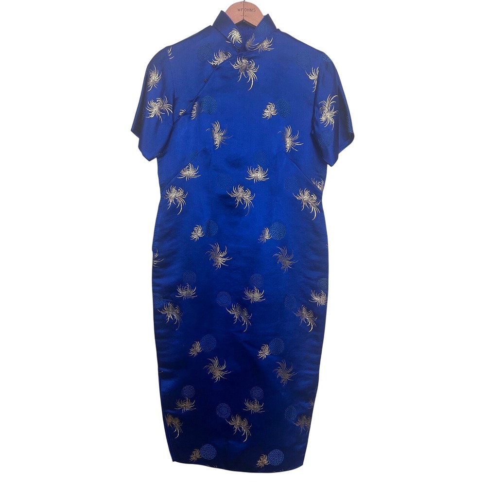 Women's M Royal Blue Gold Embroidered Cheongsam Qipao Dress Mandarin Collar Midi